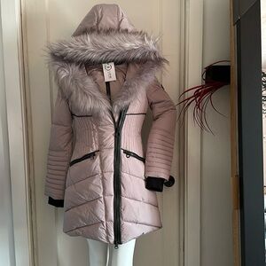 New MEDIUM Noize Winter Faux fox fur vegan leather puffer parka jacket coat pink